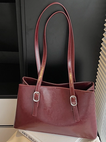 Dames Grote Capaciteit Glanzend PU Leer Tote Bag Woon-werkverkeer Retro Schoudertas Verstelbare Zilveren Gesp Minimalistische Handtas