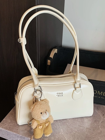 Women Minimalist PU Leather Underarm Bag Fashion Commuter Boston Shoulder Bag With Plush Bear Charm Solid Color Handbag