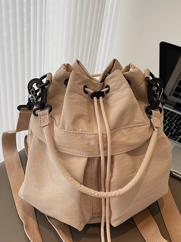 Mochila de Bombonera de Moda de Gran Capacidad para Mujer Estilo Coreano Simple Bolso de Tela con Cordón