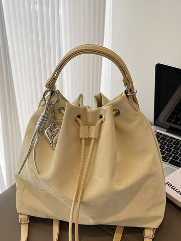 Vintage Damen PU Leder Shopper Tasche Große Kapazität Kordelzug Schultertasche Minimalistische Pendeltasche Mit Herzanhänger