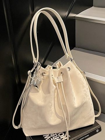 Vintage Damen PU Leder Shopper Tasche Große Kapazität Kordelzug Schultertasche Minimalistische Pendeltasche Mit Herzanhänger