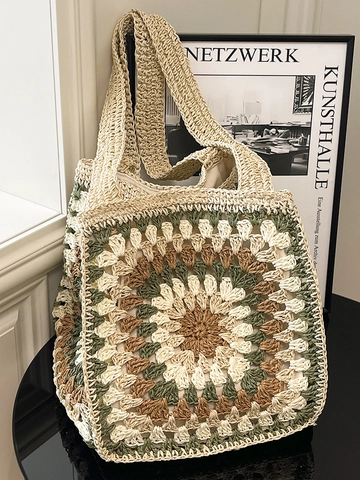 Handgefertigte Stroh Gehäkelte Granny Square Tote Bag Für Damen Bohemian Floral Patchwork Große Kapazität Schulter Strandtasche