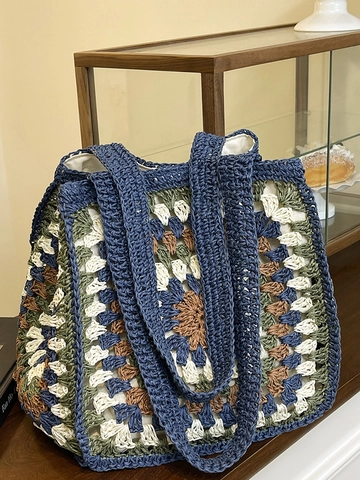 Handgefertigte Stroh Gehäkelte Granny Square Tote Bag Für Damen Bohemian Floral Patchwork Große Kapazität Schulter Strandtasche