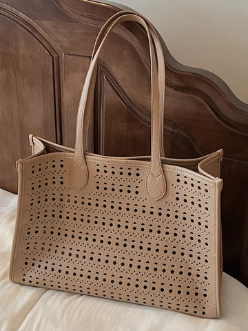Niche Urban Minimalist Laser Cut Hollow Out Tote Bag For Women PU Leather Large Capacity Shoulder Bag Trendy Chic Bucket Bag