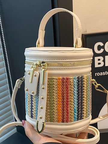 Borsa a Secchiello in Paglia Intrecciata da Donna in Pelle Sintetica Patchwork Borsa a Tracolla Casual Estate Spiaggia Vacanza