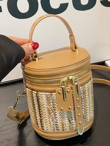 Borsa a Secchiello in Paglia Intrecciata da Donna in Pelle Sintetica Patchwork Borsa a Tracolla Casual Estate Spiaggia Vacanza