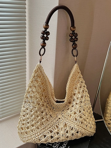 Bohemian Straw Woven Tote Bag For Women Summer Beach Vacation Large Capacity Hollow Out Crochet Shoulder Bag With Wooden Bead Handle