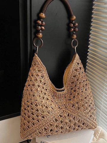 Bohemian Straw Woven Tote Bag For Women Summer Beach Vacation Large Capacity Hollow Out Crochet Shoulder Bag With Wooden Bead Handle