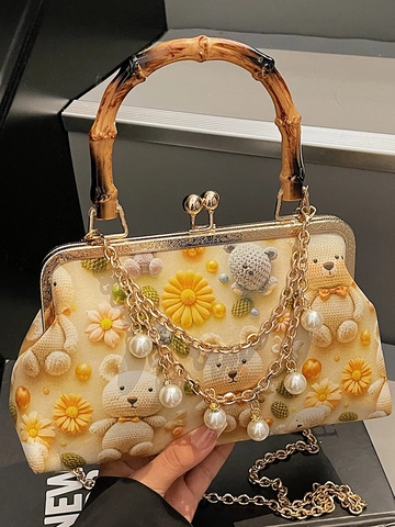 Retro PU Leather Bamboo Handle Shoulder Bag For Women Teddy Bear Flower Printed Handbag With Artificial Pearl Chain Jewelry