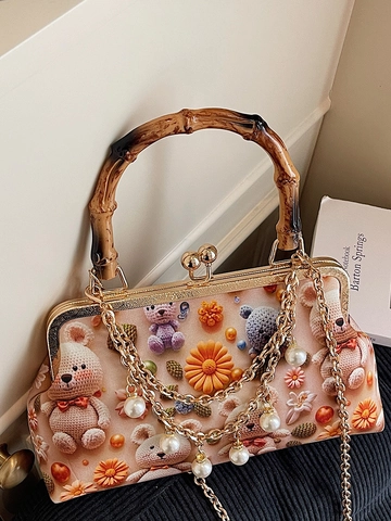Retro PU Leather Bamboo Handle Shoulder Bag For Women Teddy Bear Flower Printed Handbag With Artificial Pearl Chain Jewelry