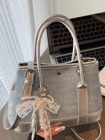 Sac Seau en Denim et Cuir PU avec Strass pour Femmes Sac à Épaule Tendance avec Charm en Dentelle et Perle Rétro