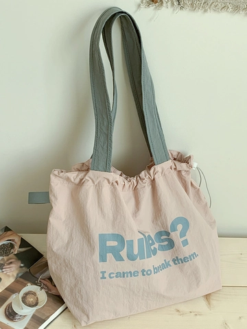 Women Large Capacity Crinkled Nylon Tote Bag Slogan Print Drawstring Shoulder Bag Casual Travel Handbag Minimalist Bag