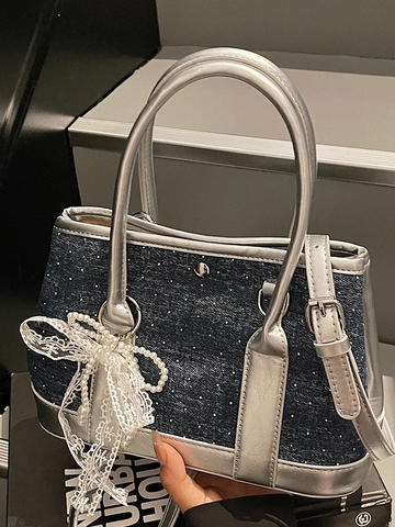 Sac Seau en Denim et Cuir PU avec Strass pour Femmes Sac à Épaule Tendance avec Charm en Dentelle et Perle Rétro