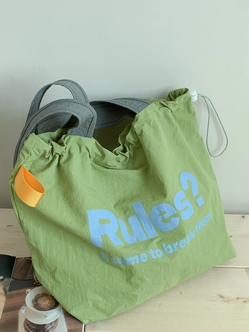 Women Large Capacity Crinkled Nylon Tote Bag Slogan Print Drawstring Shoulder Bag Casual Travel Handbag Minimalist Bag