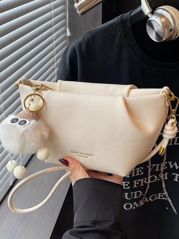 Women Fashion PU Leather Shoulder Bag Urban Minimalist Pleated Dumpling Crossbody Bag With Cute Plush Pendant Daily Handbag
