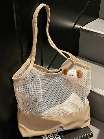 Korean Fashion Canvas Mesh Patchwork Tote Bag Large Capacity Minimalist Contrast Color Shoulder Shopping Bag With Puppy Charm