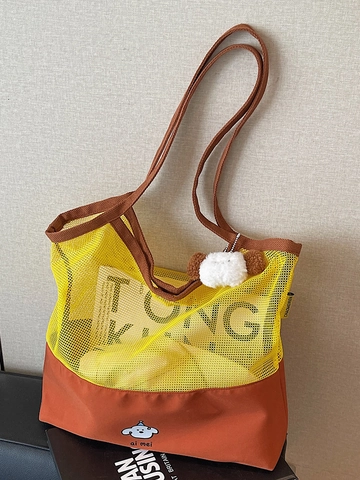 Korean Fashion Canvas Mesh Patchwork Tote Bag Large Capacity Minimalist Contrast Color Shoulder Shopping Bag With Puppy Charm