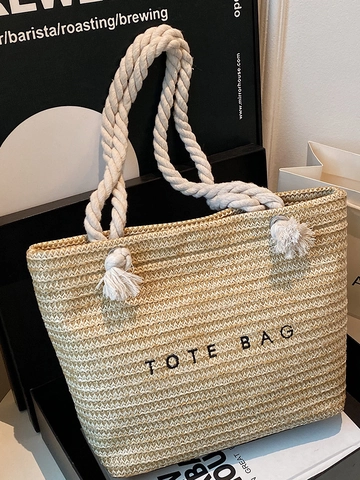 Sac Fourre-Tout en Paille Tissé pour Femme Mode Été Plage Sac à Épaule Avec Poignée en Corde de Coton Imprimé Lettres Doublure en Polyester