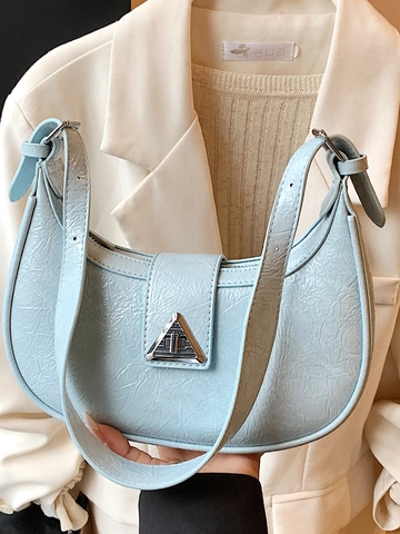 Women Fashion Pleated PU Leather Hobo Bag Triangle Metal Buckle Crescent Underarm Shoulder Bag Vintage Minimalist Solid Color Purse