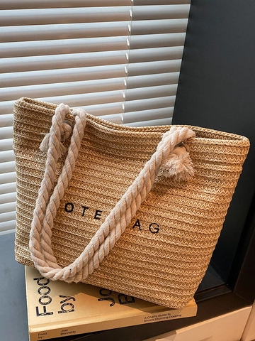 Sac Fourre-Tout en Paille Tissé pour Femme Mode Été Plage Sac à Épaule Avec Poignée en Corde de Coton Imprimé Lettres Doublure en Polyester