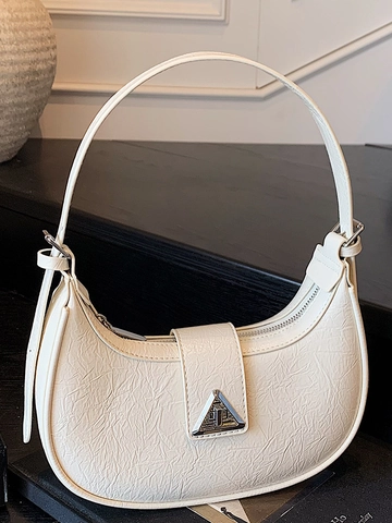 Women Fashion Pleated PU Leather Hobo Bag Triangle Metal Buckle Crescent Underarm Shoulder Bag Vintage Minimalist Solid Color Purse