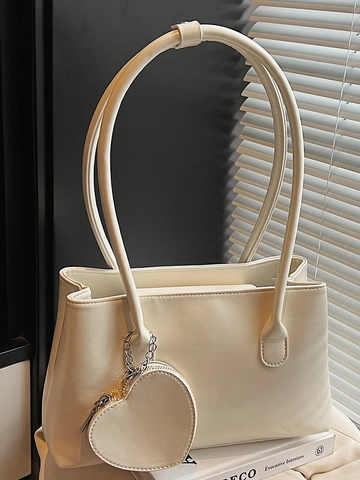 Women Fashion PU Leather Shoulder Bag With Heart Pendant Large Capacity Underarm Bag Trendy Simple Tote Handbag For Daily Work