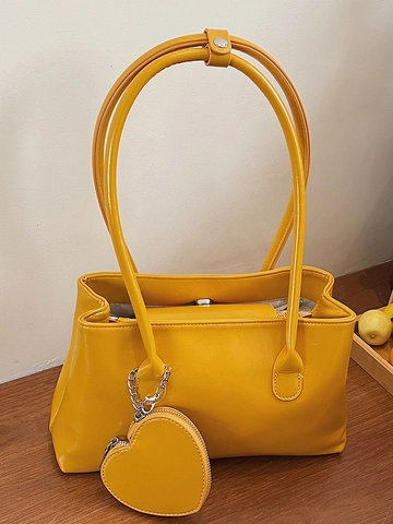 Women Fashion PU Leather Shoulder Bag With Heart Pendant Large Capacity Underarm Bag Trendy Simple Tote Handbag For Daily Work
