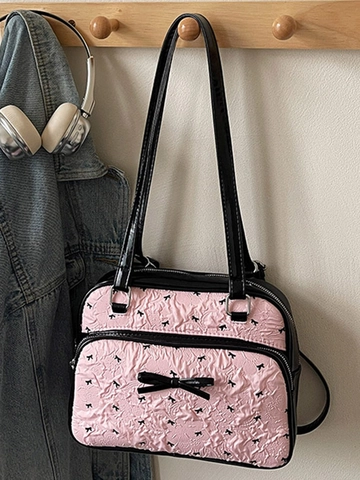 Borsa a Tracolla Donna alla Moda Rosa Stampa Fiocco Tessuto Plissettato Borsa Tote Grande Capacità Zaino Casual Donna