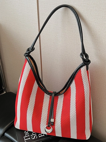 Mode Gestreifte Hohl Geflochten Tragetasche Für Damen Große Kapazität Sommer Schultertasche Pendler Reise Strick Handtasche