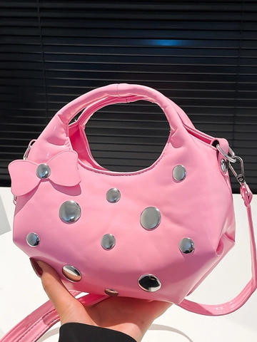 Dames Mode Klinknagels PU Leer Halve Maan Tas Met Strik Decor Casual Onderarm Schoudertas Trendy Zomer Hobo Handtas