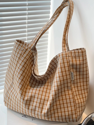 Bolso Tote de Lona a Cuadros de Gran Capacidad para Mujer Moda de Verano Compras Bolso de Hombro Casual Literario Minimalista