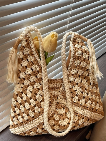 Borsa Tote in Paglia Intrecciata a Mano ad Alta Capacità per Donna Vacanze Estive Borsa a Tracolla Bohemienne con Nappine Motivo Geometrico Borsa da Spiaggia