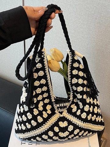 Borsa Tote in Paglia Intrecciata a Mano ad Alta Capacità per Donna Vacanze Estive Borsa a Tracolla Bohemienne con Nappine Motivo Geometrico Borsa da Spiaggia