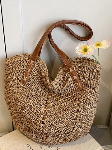 Sommer Strand Strohgewebte Tote Bag Für Damen Große Kapazität Umhängetasche Handgefertigte Minimalistische Urlaub Reise Stroh Handtasche