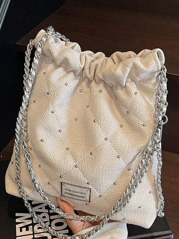 Borsa a Secchiello da Donna Trapuntata a Rombi con Borchie Catena Casual Tracolla Minimalista Stile Urbano Borsa Versatile