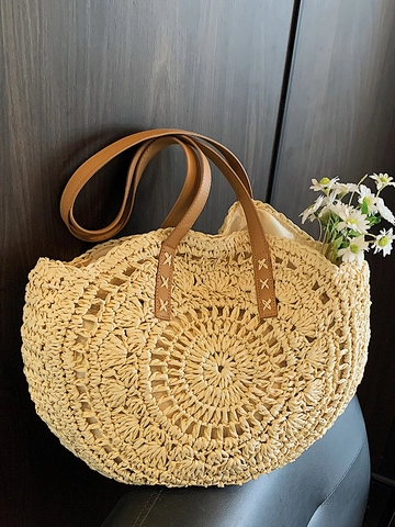 Women Large Capacity Circular Straw Woven Shoulder Bag Casual Hollow Out Beach Tote Bag With PU Leather Straps Summer Vacation