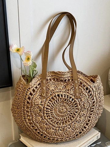 Women Large Capacity Circular Straw Woven Shoulder Bag Casual Hollow Out Beach Tote Bag With PU Leather Straps Summer Vacation