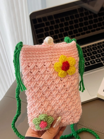 Borsa a Tracolla a Fiori Fatta a Mano all'Uncinetto Per Donna Mini Borsa da Spiaggia in Maglia Con Fibbia di Perle Borsa per Cellulare