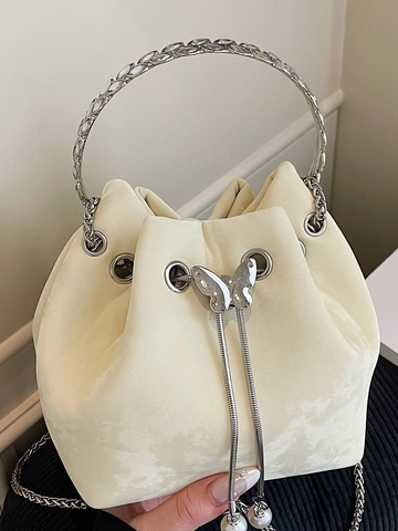 Mode Damen PU Leder Beuteltasche Mit Metallring Griff Schmetterling Kordelzug Perlenkette Schulter Umhängetasche Nischendesign 2025 Neu