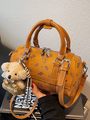 Borsa Boston da Donna in Pelle PU con Stampa Orso Cartone Animato Borsa a Tracolla con Ciondolo Peluche Borsetta Quotidiana