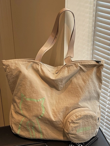 Women Large Capacity Fabric Tote Bag With Cat Print And Small Round Pouch Casual Shoulder Bag Urban Minimalist Commuting Handbag