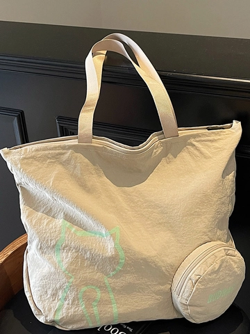 Women Large Capacity Fabric Tote Bag With Cat Print And Small Round Pouch Casual Shoulder Bag Urban Minimalist Commuting Handbag