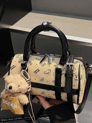 Borsa Boston da Donna in Pelle PU con Stampa Orso Cartone Animato Borsa a Tracolla con Ciondolo Peluche Borsetta Quotidiana