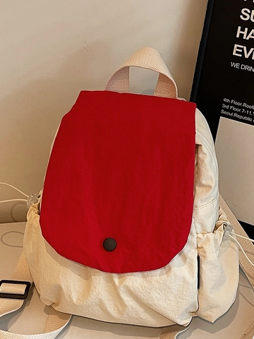 Casual Segeltuch Rucksack Für Damen Fashion Kontrastfarbe Klappe Schultasche Mit Kordelzug Seitentaschen Student Reise Pack