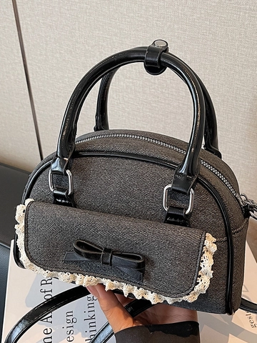 Women Fashion Bowknot Shoulder Bag Small Square Handbag Casual PU Denim Patchwork Crossbody Bag With Lace Trim Top Handle