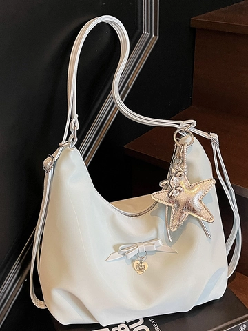 Fashion Women PU Leather Hobo Bag Large Capacity Shoulder Bag With Bow Heart Pendant Star Charm For Daily Commuting