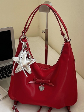 Fashion Women PU Leather Hobo Bag Large Capacity Shoulder Bag With Bow Heart Pendant Star Charm For Daily Commuting