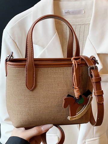 Women Casual PU Leather Stitching Shoulder Bag Simple Fashion Small Tote Bag With Horse Charm Adjustable Strap Crossbody Purse