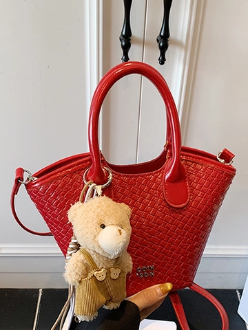 Damen Gewebte PU Leder Beuteltasche Minimalistische Schulter Umhängetasche Mit Bärenanhänger Mode Pendler Handtasche