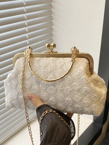 Women 3D Rose Floral Fabric Handbag Vintage Metal Kiss Lock Shoulder Bag With Chain Strap Evening Party Wedding Clutch Bag